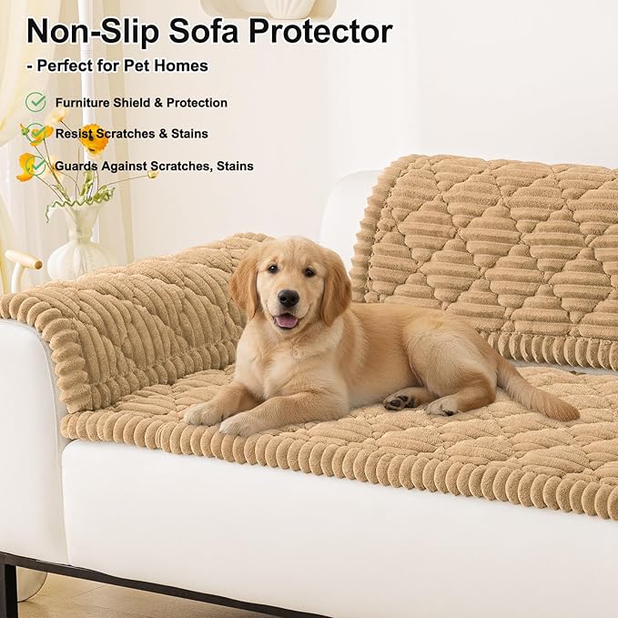 Smiry Pet Couch Cover for Dogs Washable, Non-Slip Fuzzy Couch Covers for 3 Cushion Sofa Pet Friendly, Soft Thick Furniture Protector Sofa Slipcover Mat for Dogs (Camel, 27.6" x 27.6")
