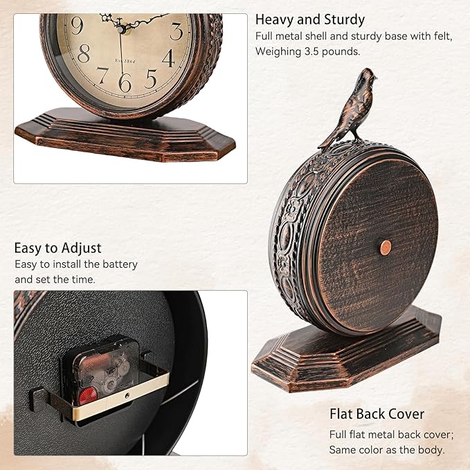 8-Inch Antique Mantel Clocks For Living Room, Retro Table Metal Silent Clocks For Fireplace, Easy To Read Decorative Mantel Clocks With Top Bird For Bedroom, Office, Desktop (Arabic Numerals)