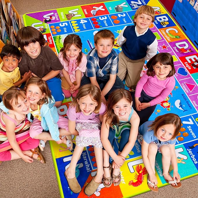 World Map ABC Kid Rug for Playroom 78.7"×59" Geography Classroom Play Rug Educational Baby Playmat Alphabet Mat for Primary School Fluffy Non-Slip Preschool Carpet Nursery Room Elementary Learning