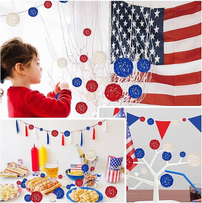 SANNIX 16 Pcs Red White and Blue Rattan Balls 4th of July Vase Filler Wicker Balls Patriotic Decorations 3 Sizes Decorative Balls for Bowls Independence Day Home Table Decor