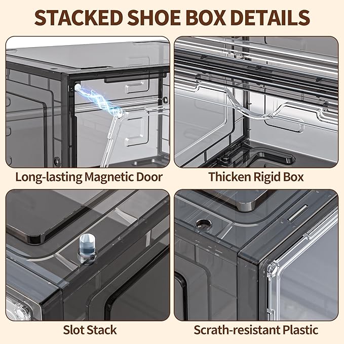 6 Pack XX Large Shoe Organizer, Heavy-Duty Hard Thicken Plastic Clear Stackable Shoe Storage Box Organizer for Closet, Space-Saving Shoe Rack Display Case Bin Containers for Sneakers, Grey