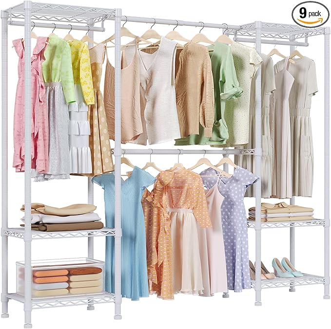 H10 Expandable Clothes Rack Clothing Rack for Hanging Clothes, Heavy Duty Garment Rack, Freestanding Wardrobe Closet Organizer with Hanger Rods, Extendable from 4.6 to 5.1 ft, White