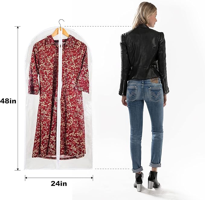 Clear Garment Bag Long Garment Bags for Gowns, Vinyl Dress Bags for Closet Storage, Coat Covers for Closet With Zipper Plastic Garment Bags for Hanging Clothes Long Dress - 24'' X 48''/6 Pack