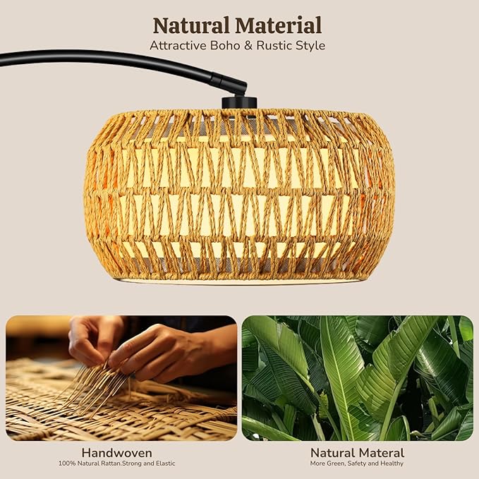 Arc Floor Lamp for Living Room, Rattan Boho Floor Lamp with Remote Control, Black Standing Lamp with 3 Color Temperatures & Dimmable LED Bulb, Tall Lamp for Bedroom, Over Couch Arched Reading Light