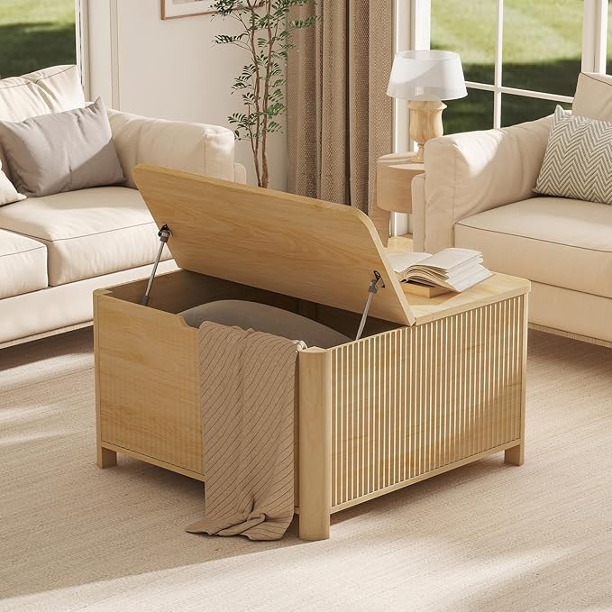LYNCOHOME 31.5" Fluted Lift Top Coffee Table with Storage, Square Coffee Tables for Living Room, Coffee Table with Large Hidden Storage Compartment and Adjustable Shelves，Natural