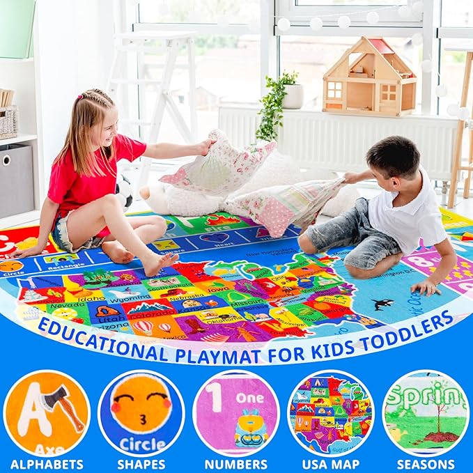 USA Map ABC Kid Rug for Playroom 110"×78.7"Geography Classroom Play Rug Educational Baby Playmat State Symbols, ABC Letters, Numbers, Seasons&Shapes Fluffy Ployester Non-Slip Preschool Nursery Rug