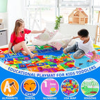 USA Map ABC Kid Rug for Playroom 110"×78.7"Geography Classroom Play Rug Educational Baby Playmat State Symbols, ABC Letters, Numbers, Seasons&Shapes Fluffy Ployester Non-Slip Preschool Nursery Rug