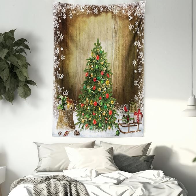 Ambesonne Christmas Tapestry Queen Size, Pine Tree with Present Boxes on Snowy Board Xmas at Countryside Theme, Wall Hanging Bedspread Bed Cover Wall Decor, Queen Size, Green Brown