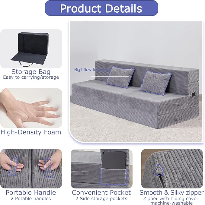 Folding Sofa Bed, 4 in 1 Convertible Sleeper Chair with Pillow, Queen Memory Foam Fold Out Chair Bed, Modern Floor Futon Sofa Couch Mattress for Living Room/Guest/Apartment, Light Gray