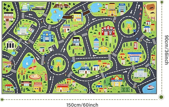 Kids Car Play Rugs - 36"x60" Learning and Fun City Road Map Play Mat for Playing with Cars Trucks, Non-Slip Playmat for Nursery, Playroom Bedroom and Classroom, Machine Washable