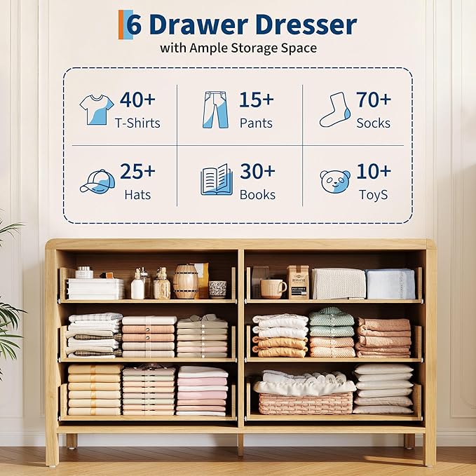 GarveeHome 6 Drawer Dresser for Bedroom, Chest of Drawers, Closet Dresser Storage Cabinet Organizer for Bedroom, Living Room, Hallway & Office
