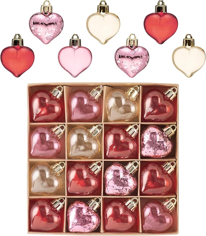 Valery Madelyn 16Pcs Valentine's Day Heart Shaped Ornaments Gift Pack, Christmas Craft Heart Decorations, Clear Transparent Red Pink Gold Christmas Baubles Hanging Party Wedding Decor