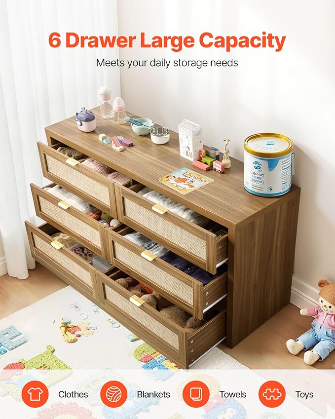 VEVOR Large Boho Dresser for Bedroom, 57" Wide Rattan Dresser 6 Drawer with Ample Storage, Modern Wood Chest of Drawers Closet TV Stand Dressers for Living Room, Walnut Oak