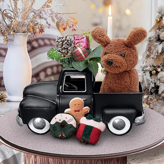 Farmhouse Black Truck Decor, Metal Pickup Farm Trucks Planter Car Model, Vintage Truck Christmas Decoration,Decorative Tabletop Storage