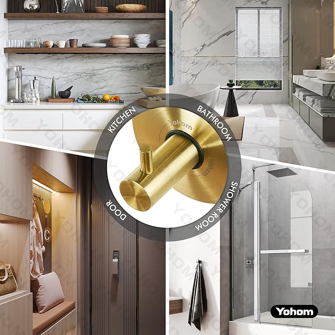 YOHOM Suction Cup Hooks for Shower Gold Towel Holder Stainless Steel Vacuum Bathroom Shower Hook Suction Washcloth Hanger Kitchen Towel Rack for Robe Loofah Wreath Glass Door Window Wall Brushed 4Pcs