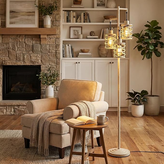 Oneach 70" Industrial Floor Lamp, Stepless Dimmable Standing Lamp with 3 Bulbs, Farmhouse Corner Standing Tree Lamp for Living Room, Tall Lamps for Bedroom, Office, Dining Room, Antique Beige White