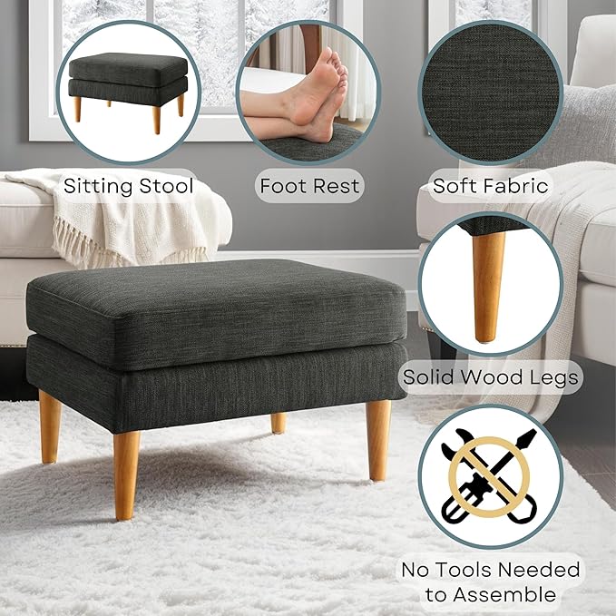 Convenience Concepts Designs4Comfort Marlow Ottoman 27" - Mid-Century Modern Upholstered Footrest & Seat for Living Room, Bedroom, Hallway, or Entryway, Dark Charcoal Gray Fabric