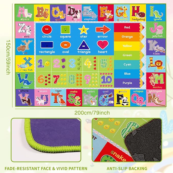 Kids Rugs for Playroom, ABC Carpet Educational Floor Play Mat for Kids, Preschool Rugs with ABC, Numbers, Animals Learning Carpet for Playroom Classroom Bedroom (Green, 78.7X59 INCH)