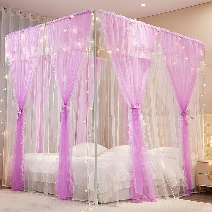 4 Corners Post Princess Curtains Bed Canopy for Girls 8 Panels Curtain- Double Layer Sheer Mesh Canopies Drapes Girls Room Decor (8P-Purple/White, 4P(43"x82") W+4P(43"x82") L/(King))