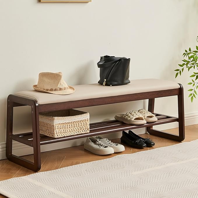 CozyDH Shoe Storage Bench with Cushion, Entryway Shoe Bench with 2 Shelf, Wooden Shoe Organizer, Solid Wood Legs, for Hallway, Bedroom (Walnut 47")