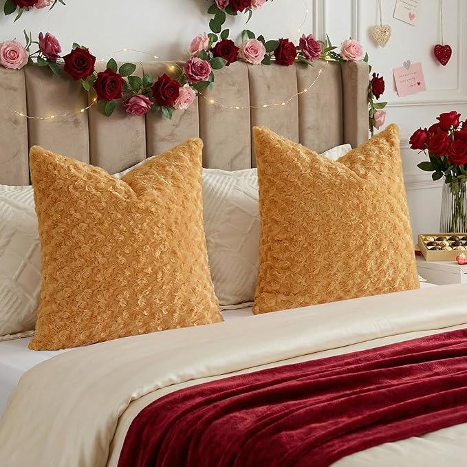 FUTEI Brown Decorative Throw Pillow Covers 24x24 Inch Set of 2,Soft Solid Rose Swirl Textured European Cushion Case,Valentine's Day Decor for Couch Living Room