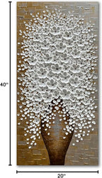 Epicler Hand-Painted 3D Flower Oil Painting with Metal Texture Background, 40x20 inch White Flower Art Painting, Modern Canvas murals, White Flower Art