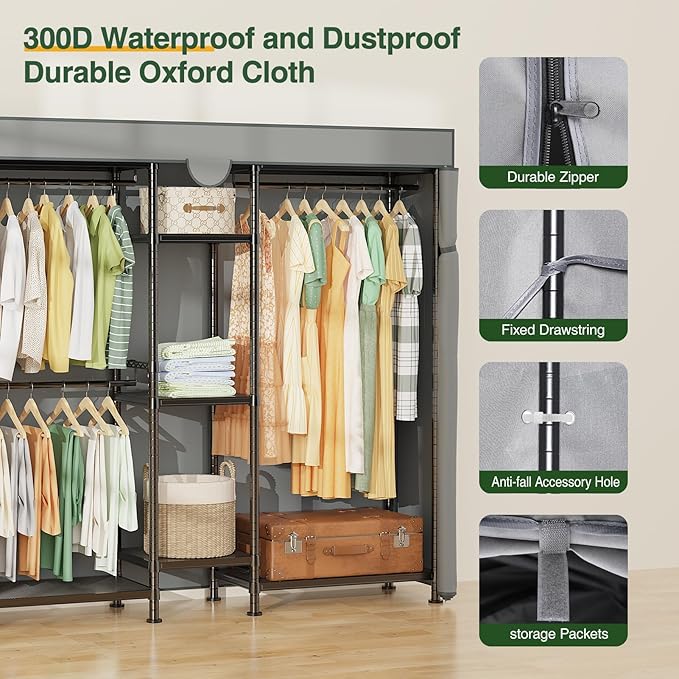 LEHOM G6C Heavy Duty Clothes Rack with Cover, Wire Garment Rack for Hanging Clothes, Compact Closet Storage Clothing Rack with Oxford Fabric Cover, Adjustable Hanging Clothes Racks for Bedroom