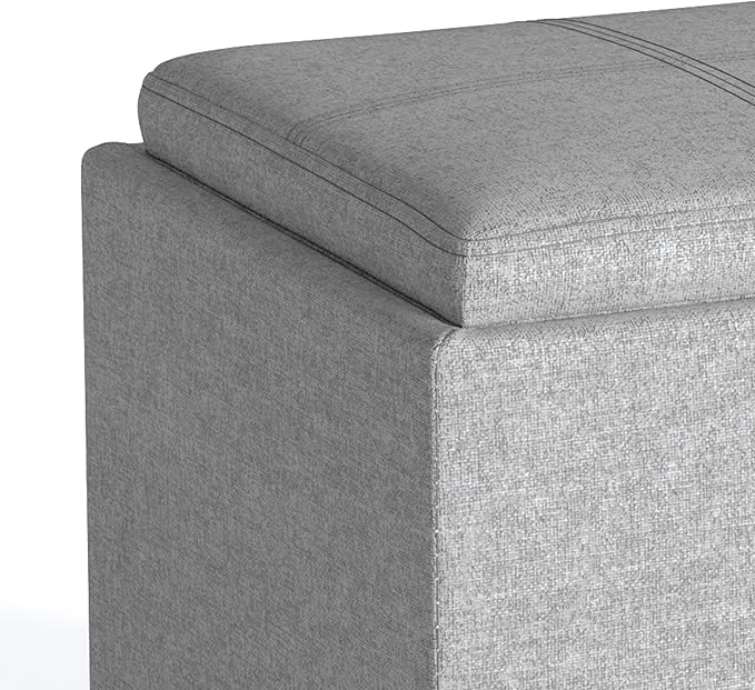 SIMPLIHOME Rockwood Cube Storage Ottoman with Tray - 17 inch Wide Upholstered Linen Look Fabric Square Storage Ottoman in Cloud Grey, Contemporary Cube Ottoman for Living Room with Serving Tray