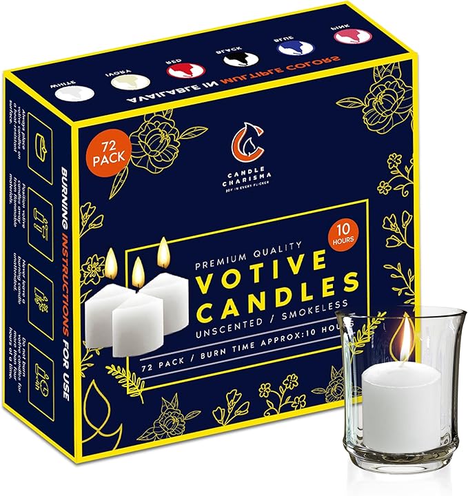 Candle Charisma White Unscented Votive Candles - 10 Hour Burn time - Set of 72 for Dinner, Wedding, Halloween and Holiday Decorations