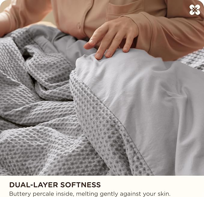 Bedsure Cotton Duvet Cover Queen - 100% Cotton Waffle Weave Grey Duvet Cover Queen Size, GentleSoft™ and Breathable Bedding Set for All Season, 3 Pieces, 90"x90"