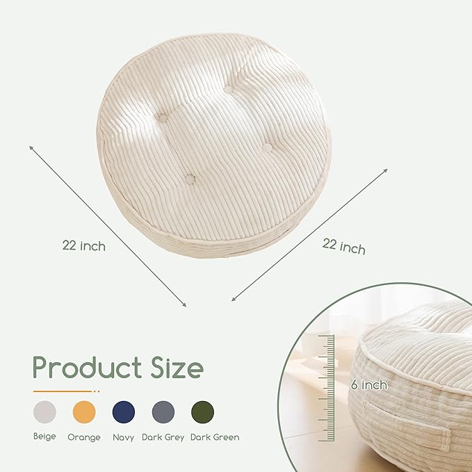 6" Washable Floor Pillow Cushion for Adults, Meditation Cushion Pillow, Large Round Floor Sitting, Removable Tufted Corduroy Cover, for Tatami Living Room or Yoga, 22x22 Inch, 2Pack, Machine Washable