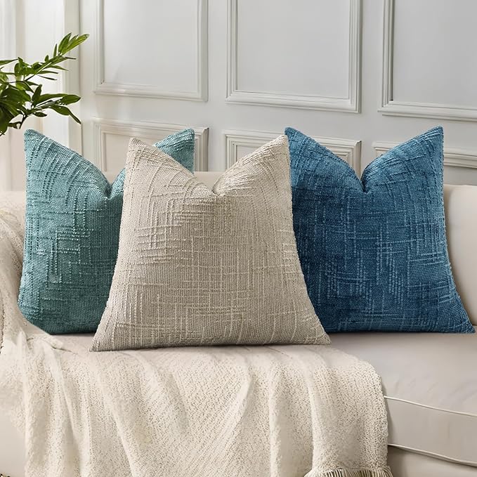 decorUhome Spring Navy Blue Chenille Throw Pillow Covers 16x16 Set of 2 Textured Soft Cozy Slubby Couch Pillow Covers Modern Farmhouse Boho Decorative Pillow Cases for Bed Sofa Living Room