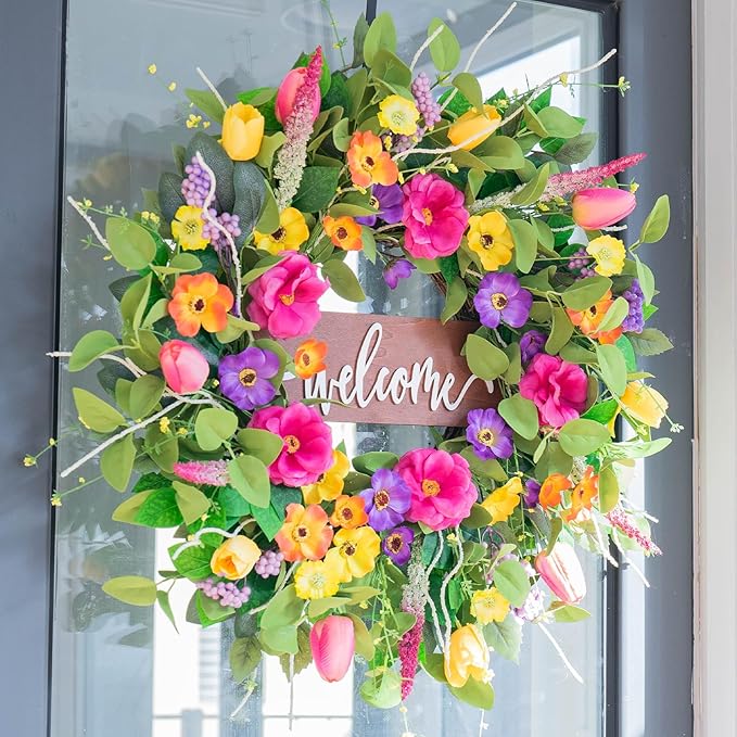 Spring Wreaths for Front Door Outside – 24 Inch Artificial Tulip & Wildflower Summer Wreath with Green Eucalyptus Leaves and Welcome Sign- Indoor Outdoor Farmhouse Home Porch Wall Decor