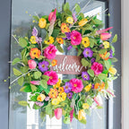 Spring Wreaths for Front Door Outside – 24 Inch Artificial Tulip & Wildflower Summer Wreath with Green Eucalyptus Leaves and Welcome Sign- Indoor Outdoor Farmhouse Home Porch Wall Decor