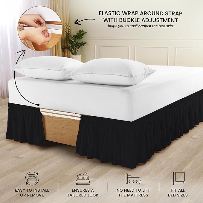 Utopia Bedding Full Elastic Bed Ruffle - Easy Wrap Around Ruffle - Microfiber Bed Skirt with Adjustable Elastic Belt 16 Inch Tailored Drop - Hotel Quality Bedskirt, Fade Resistant (Full, Black)