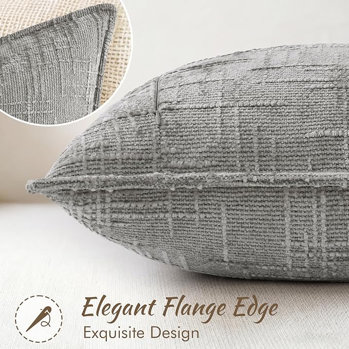 decorUhome Chenille Throw Pillow Covers 12x20 Set of 2, Thick Textured Slubby Neutral Decorative Pillow Covers with Elegant Design for Couch, Sofa, Living Room, Neutral Grey