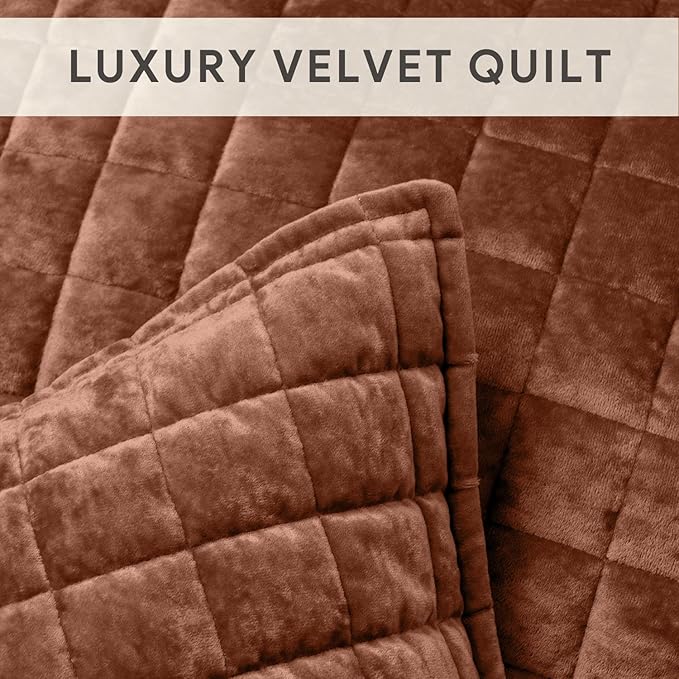 RECYCO Luxury Velvet Quilt Set Full Queen Size Bedding Sets, Ultra Soft Velvet Comforter Set, Lightweight Channel Box Stitch Oversized Bedspread Coverlet for All Season, with 2 Shams, Terracotta Fawn
