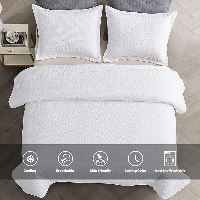 Maple&Stone White Quilt Set King Size, Lightweight Bedspread Ultrasonic Chevron Pattern Light Coverlet for All Season Comforter Bedding Decor - 3 Piece King Bed Cover Sets