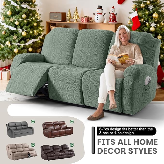 VANSOFY Recliner Couch Cover, 8-Pieces Stretch Recliner Sofa Cover Soft Jacquard Reclining Slipcover Furniture Protector with Elastic Bottom for Kid, Pets(3 Seat,Bean Green)