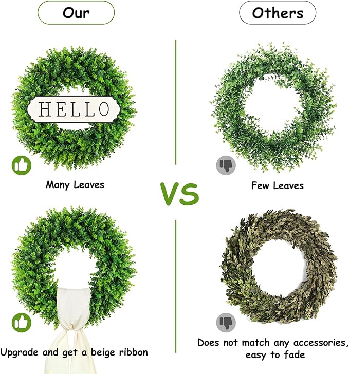 DDHS Large Boxwood Wreath Front Door 24'' Artificial Spring Wreaths for Front Door Farmhouse Wedding Green Year Round Indoor Outdoor for Summer Wreath st Patrick's Day Decoration -(Hello Sign)