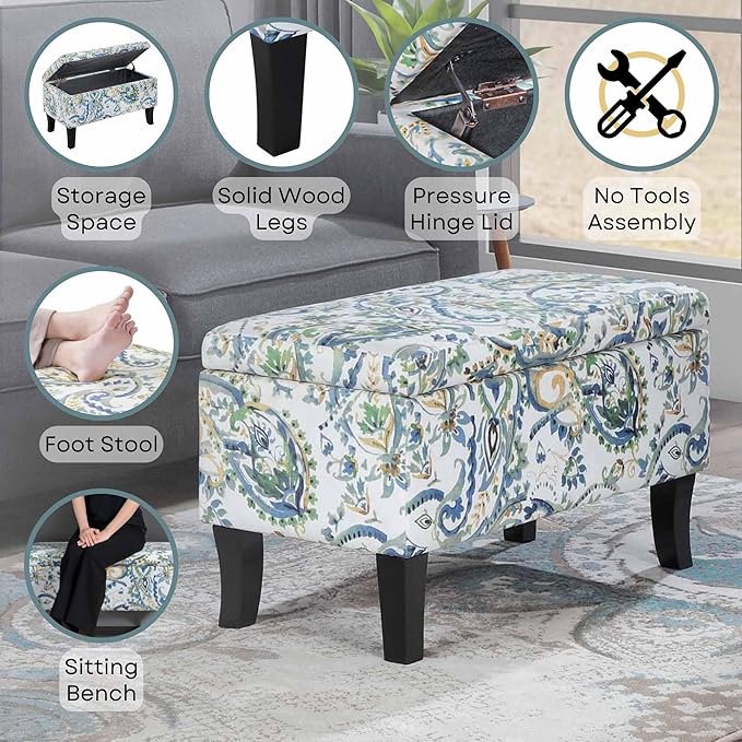 Convenience Concepts Designs4Comfort Winslow Storage Ottoman Bench 32" - Transitional Upholstered Footstool & Seat, for Living Room, Entryway, Hallway, & Bedroom, Paisley Fabric