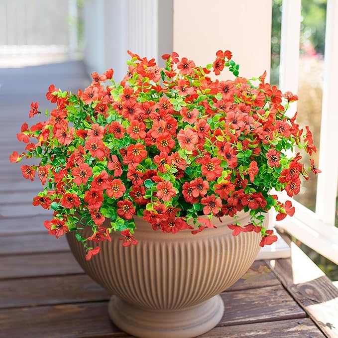 Artificial Fake Mums Plants Flowers for Outdoor Outside Fall Autumn, 12 Bundles Faux Silk Red Daisy UV Sun Resistant Look Real for Porch Patio Home Window Box Yard Planter