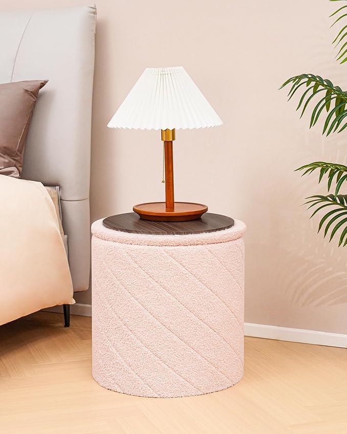 Round Boucle Storage Ottoman with Reversible Wood Tray, 17.7" Sherpa Cylinder Footrest Stool with Storage, Upholstered Folding Ottoman Coffee Table for Living Room Bedroom Dorm, Pink