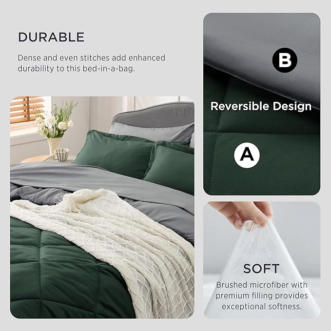 Bedsure Forest Green Twin XL Comforter Set - 5 Pieces Reversible Twin XL Bed in a Bag for College, Extra Long Twin Bed Set Forest Green and Grey with Comforters, Sheets, Pillowcase & Sham