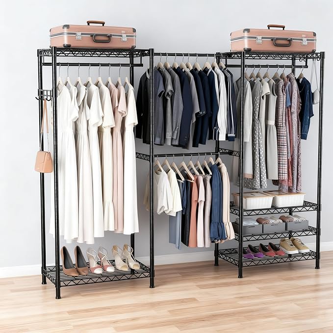 Clothes Rack, Heavy Duty Clothes Rack, Large Wire Closet Garment Rack, Freestanding Expandable Metal Clothing Rack with 4 Hanging Rods, 6 Shelves, and 4 Hangers for Hanging Clothes, Black