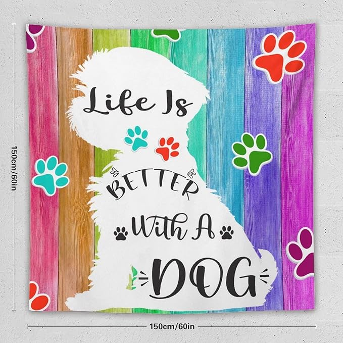 VUMIVI Cute Dog Tapestry Rainbow Color Planks Rustic Farmhouse Home Decor Pet Paws Tapestry Wall Hanging for Living Room Bedroom Dorm Classroom Aesthetic Decor W60xL60in
