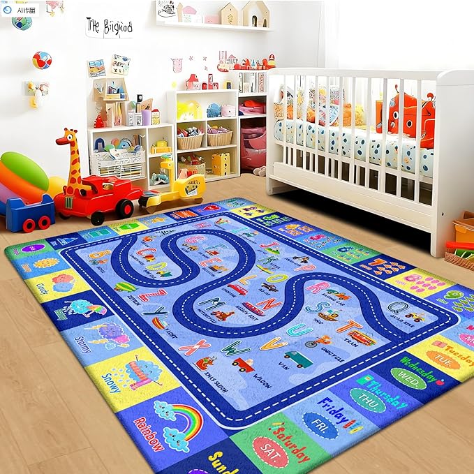 Kids Rug for Playroom, Educational Classroom Rug for Kids Room, Washable Nursery Rugs, Soft Non-Slip Play Mat for Learning ABC Carpet, Vehicles, Numbers, Animals, Colors, Shape, Season 4x6 Feet