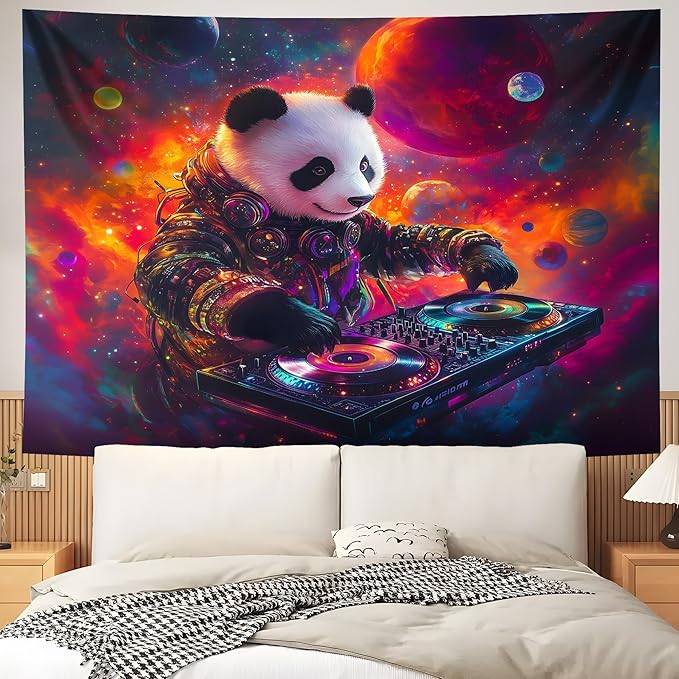 NYZE Blacklight Tapestry Panda Music Wall Tapestry Art Party Banner Colourful Poster Design Tapestries for Hip Hop College Dorm Room Bedroom Wall Decor 59in×51in