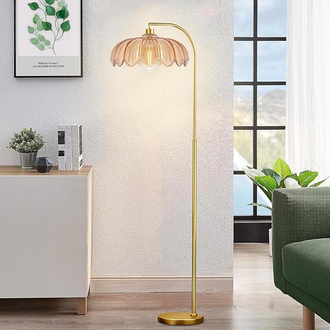 Gold Floor Lamp Dimmable Standing Lamp with Remote,Brass Tall Lamp Mid Century Modern Retro Glass Vintage Green Lamp Floor Light Boho Bohemian for Living Room,Bedroom