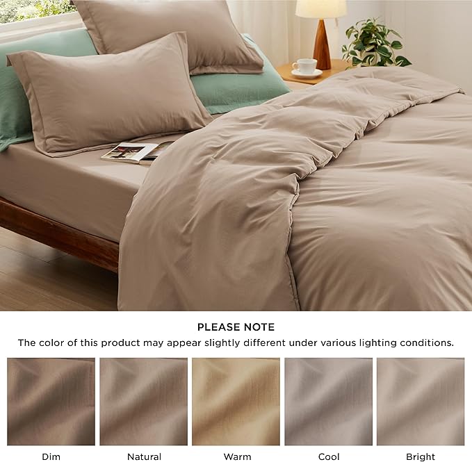 Bedsure Duvet Cover Queen Size with Fitted Sheet - 4 Pieces Prewashed Cotton-Like Polyester Extra Soft Bedding Set, Includes 1 Duvet Cover 90x90 Inches, 2 Pillow Shams, 1 Fitted Sheet, Deep Beige